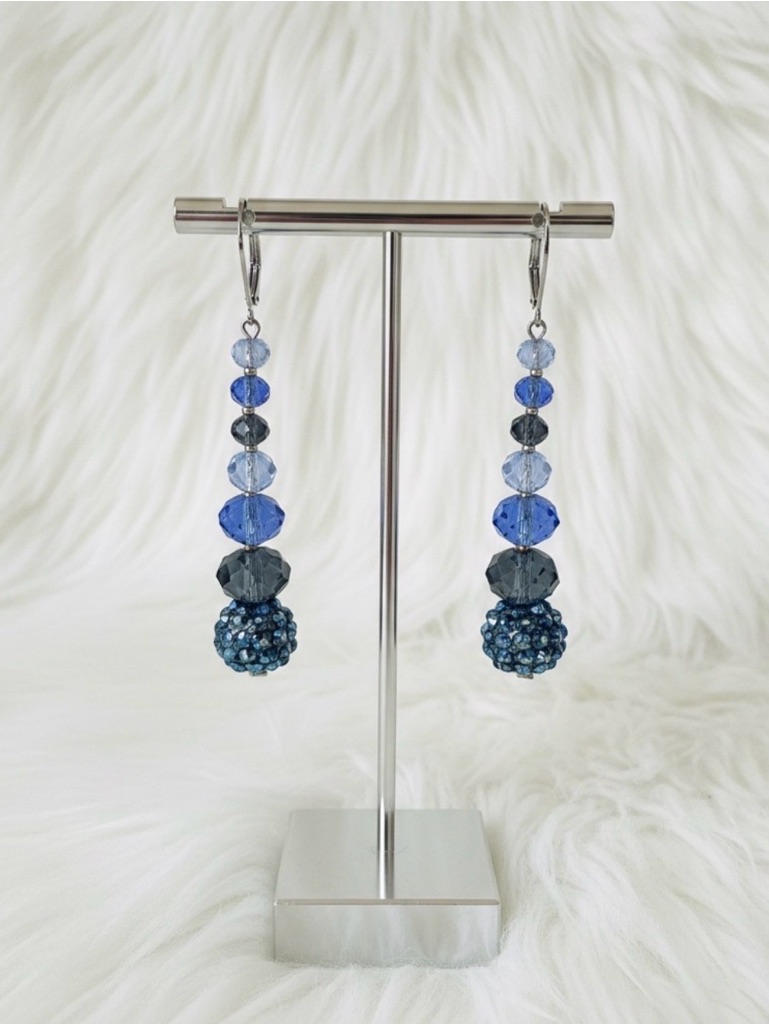 Blue Crystal Beaded Dangle Earrings Faceted Glass & Rhinestone Ball Drop